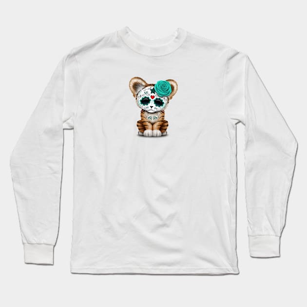 Blue Day of the Dead Sugar Skull Tiger Cub Long Sleeve T-Shirt by jeffbartels